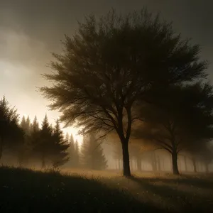 Woodland Winter Landscape with Sunset Sky