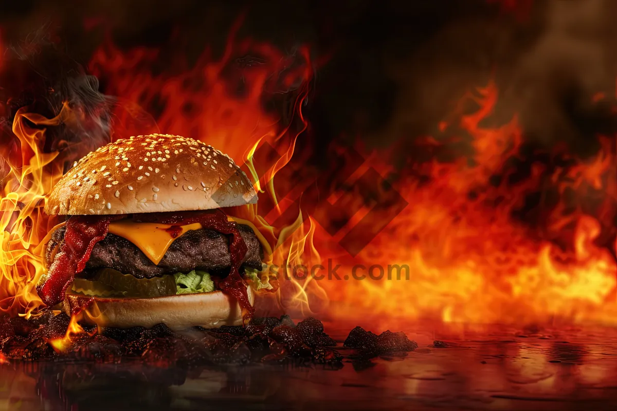 Picture of Flaming hot cheeseburger by fireplace