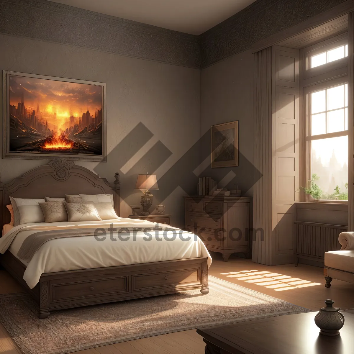 Picture of Modern Luxury Bedroom with Cozy Furniture and Fireplace