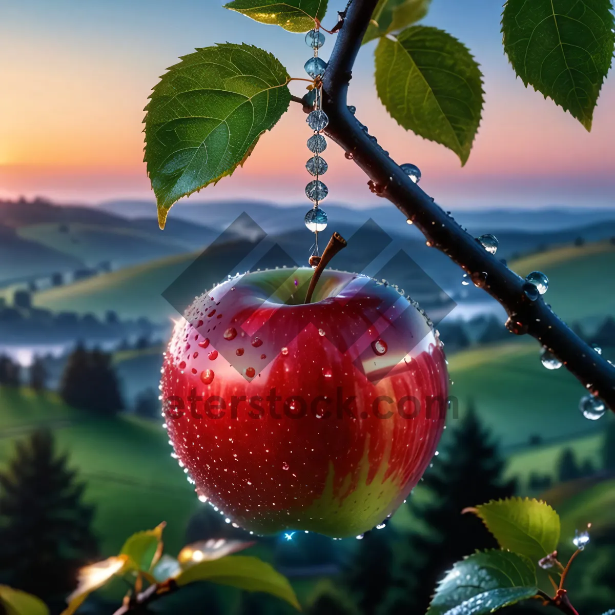 Picture of Fresh ripe cherry on apple tree branch.