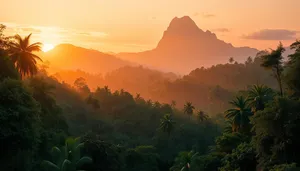 Orange Sunset Sky Over Forested Mountains Landscape