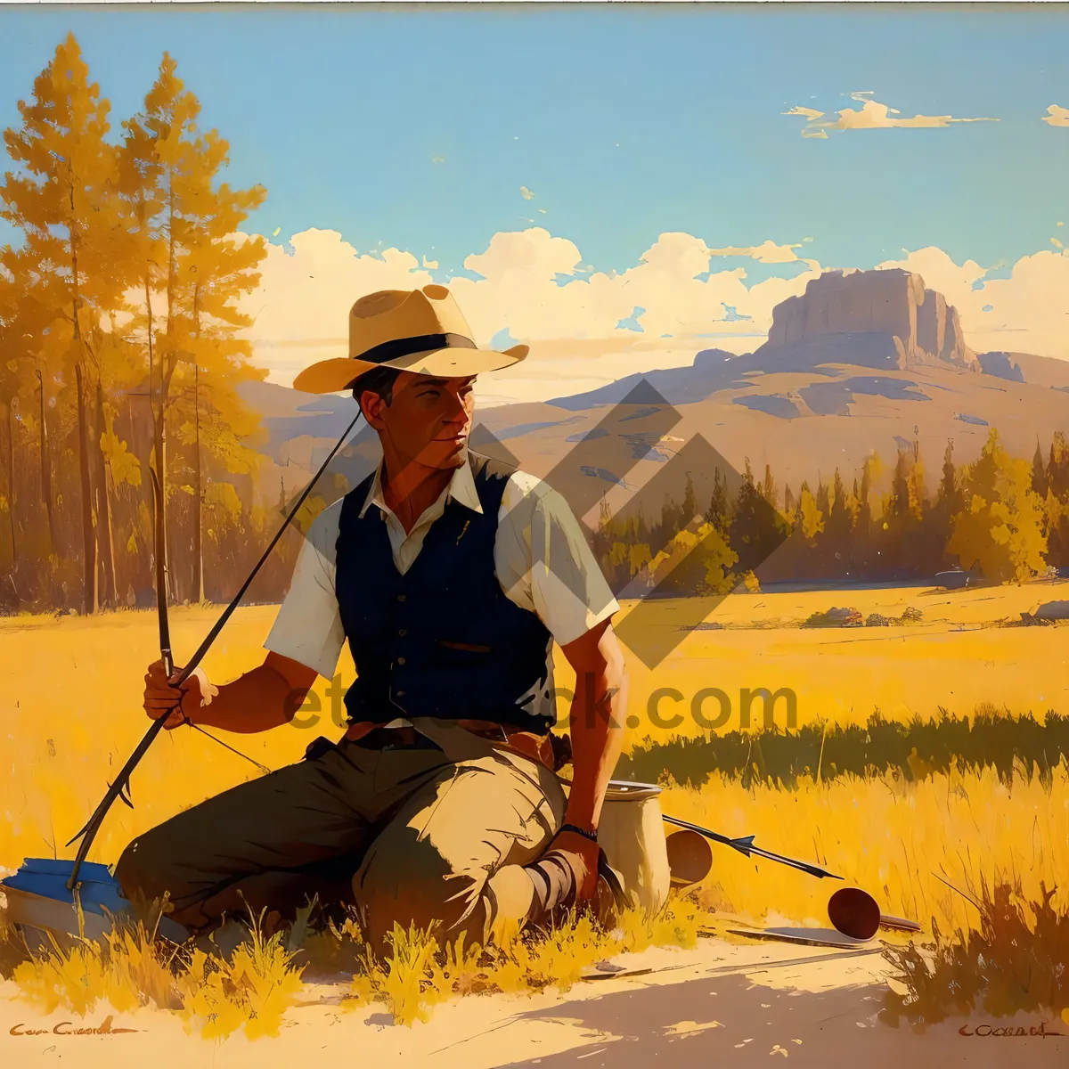 Picture of Man paddling in sunny meadow with school bus backdrop