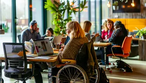 Happy adult in wheelchair seated at furniture