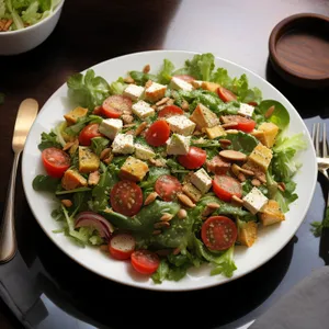 Savory gourmet salad with healthy vegetables and fresh ingredients.