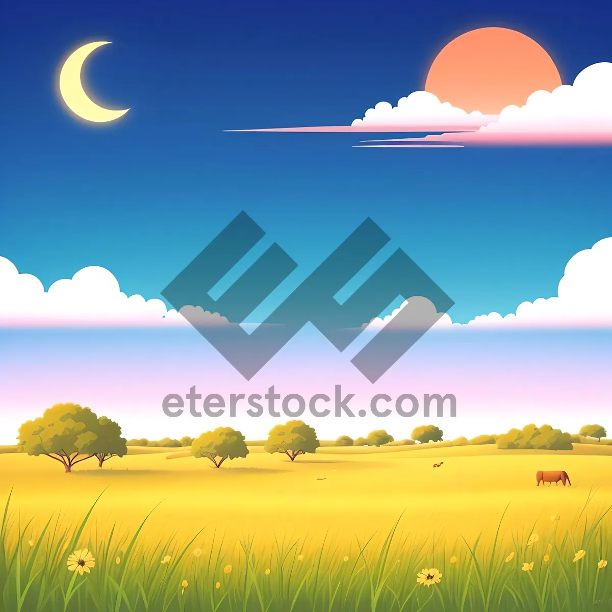 Picture of Sunlit meadow overlooking vibrant rural landscape