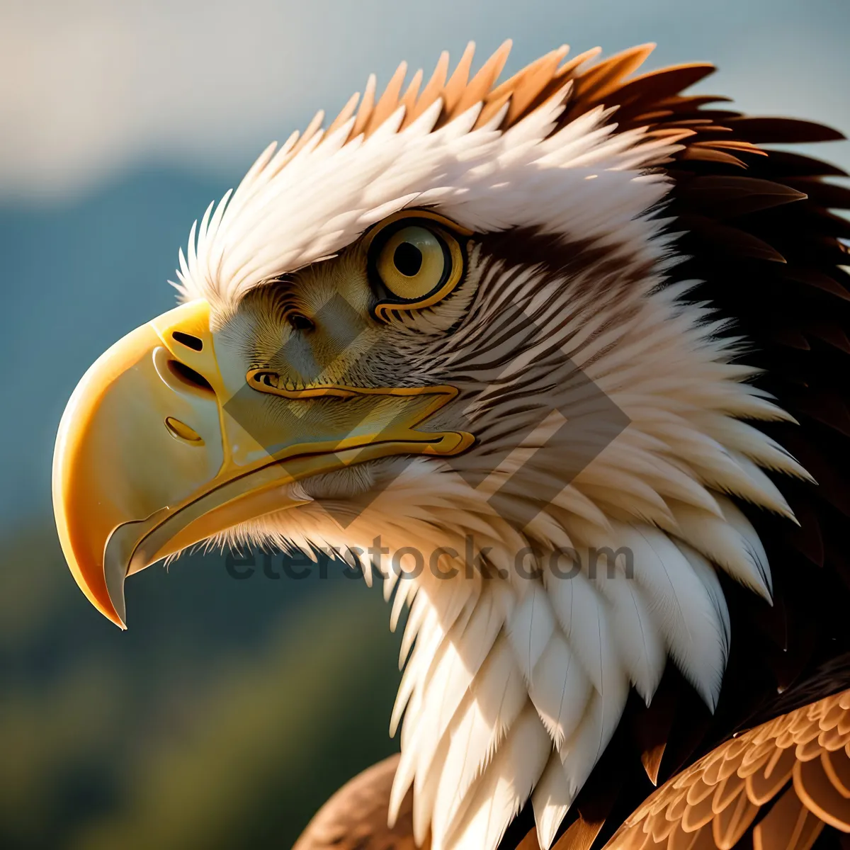 Picture of Bald eagle with piercing gaze and majestic wingspan.