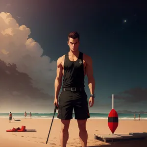 Man skiing with crutches on beach staff