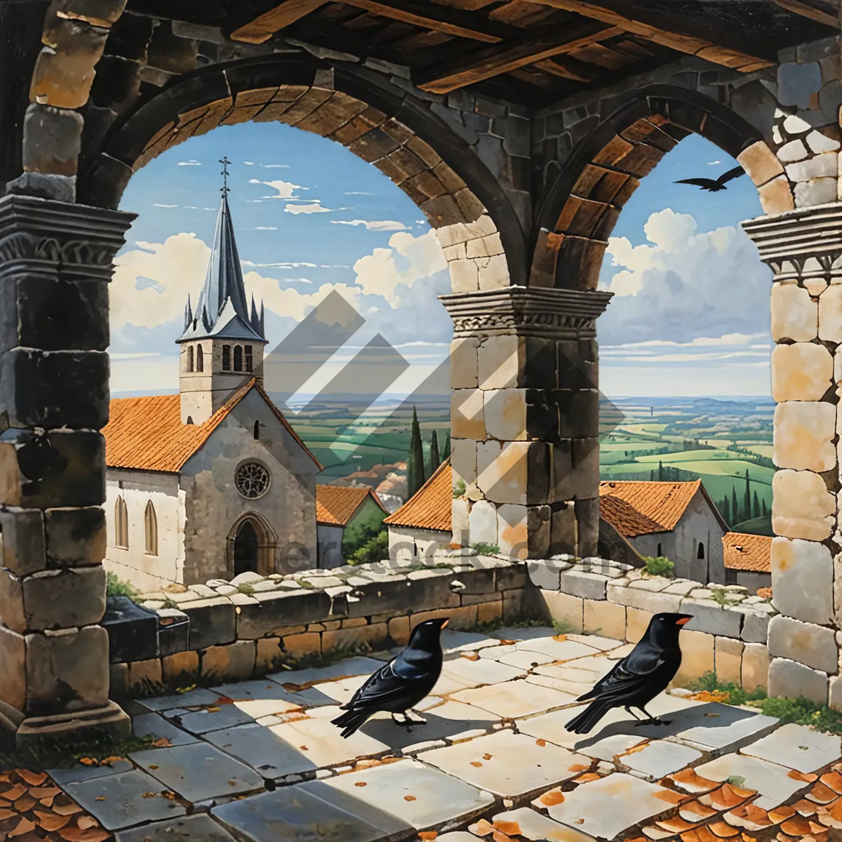 Picture of Medieval Cathedral Towers Over Historic City River Bridge
