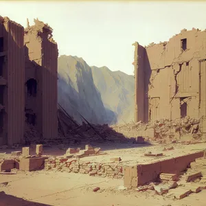 Ancient Desert Fortress: Majestic Ruins Amidst Vast Canyon.