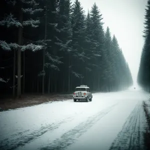 Winter Road Through Frosty Forest