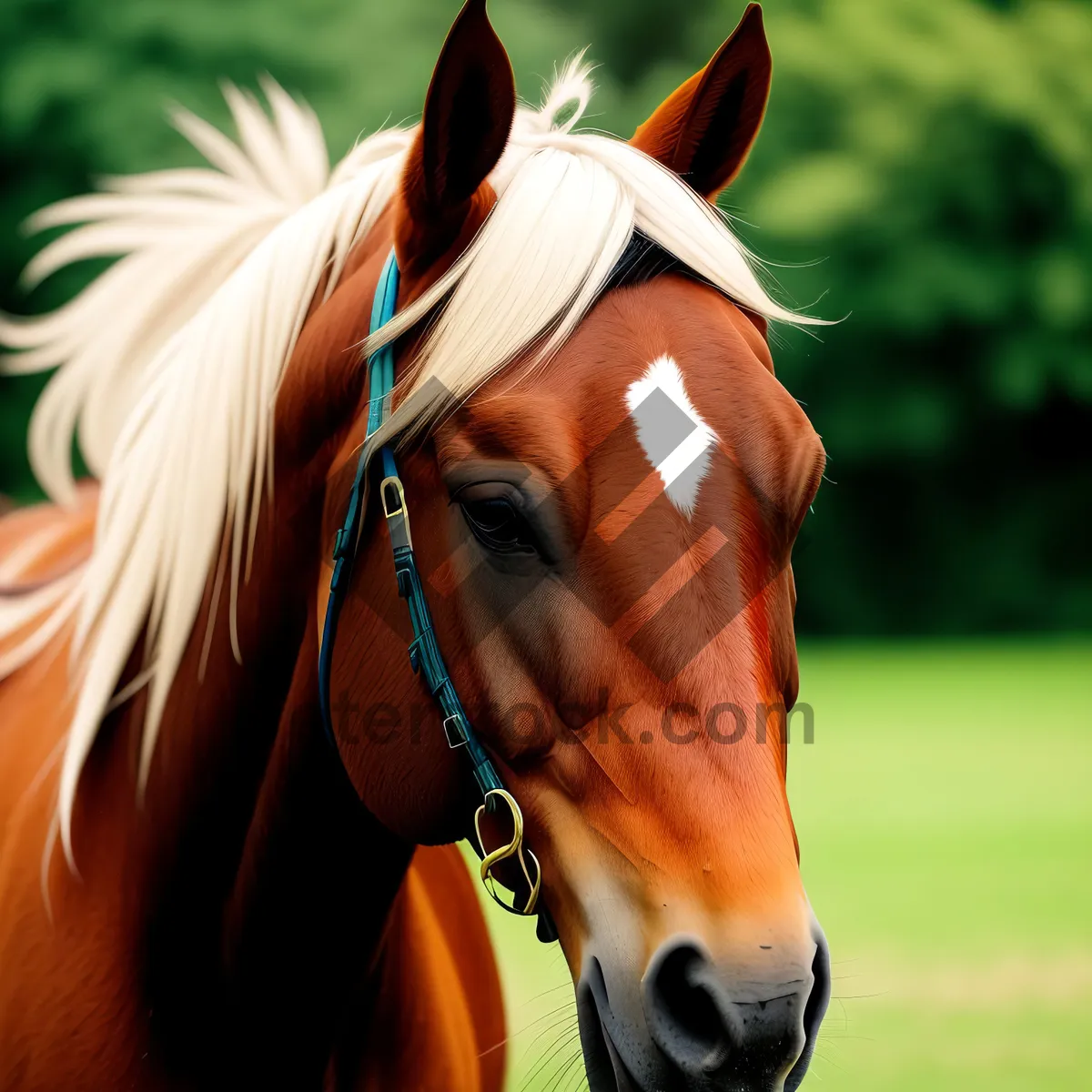 Picture of Beautiful Brown Stallion Grazing in Green Meadow