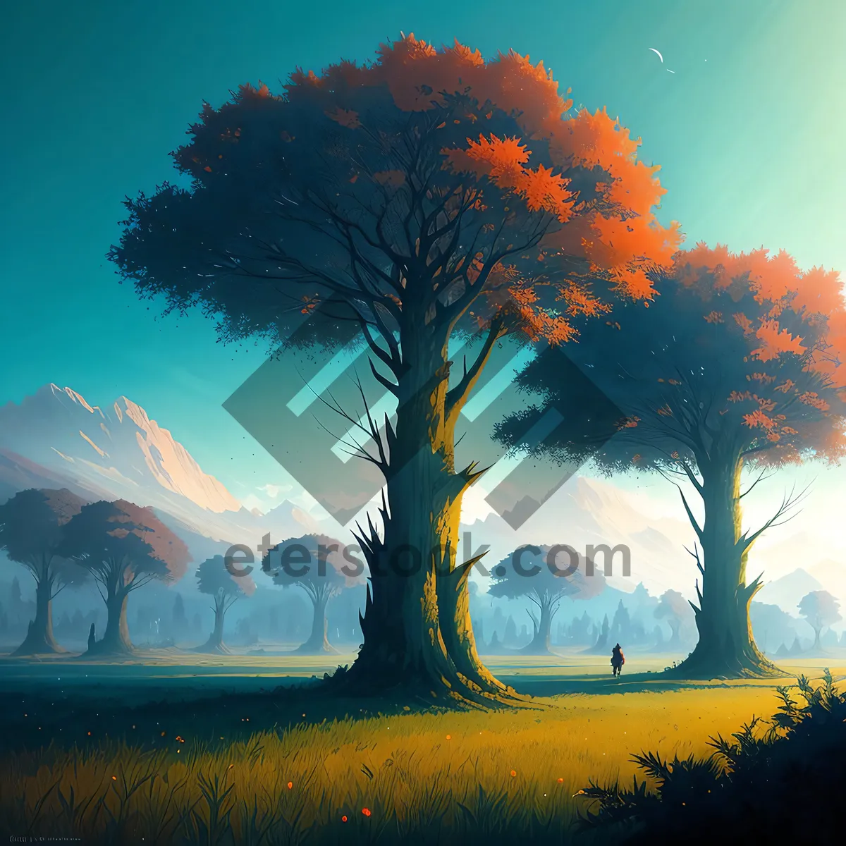 Picture of Vibrant Sunset over Meadow and Trees