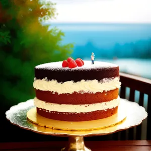 Gourmet chocolate cake with fresh fruits and cream