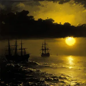 Pirate Ship at Dusk on the Ocean