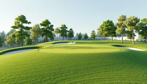 Golfer hitting ball on lush green fairway landscape.