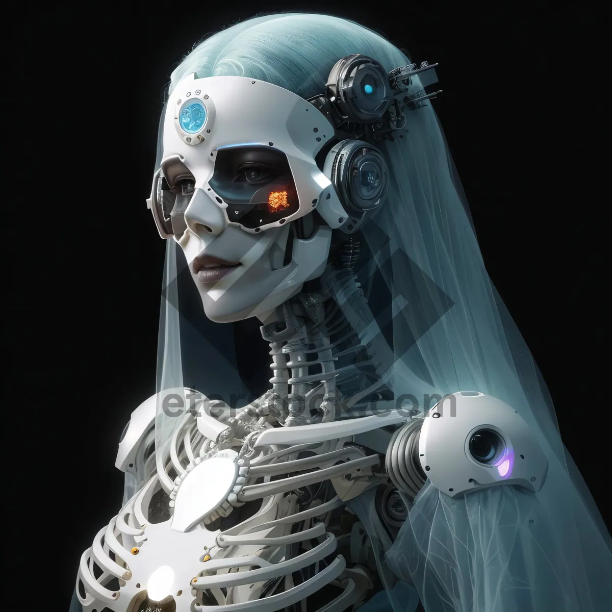 Picture of Creepy skeleton sculpture wearing football helmet and clothing.
