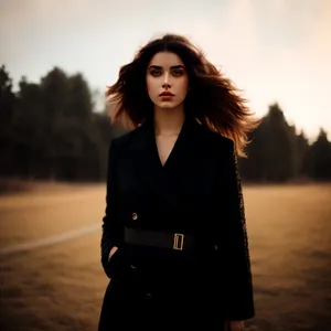 Beautiful Smiling Brunette Fashion Model in Black Coat