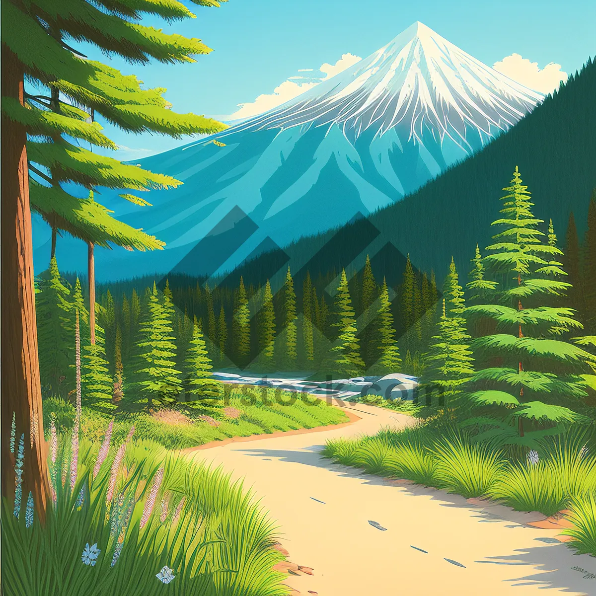 Picture of Serene Evergreen Forest Amidst Lush Summer Landscape