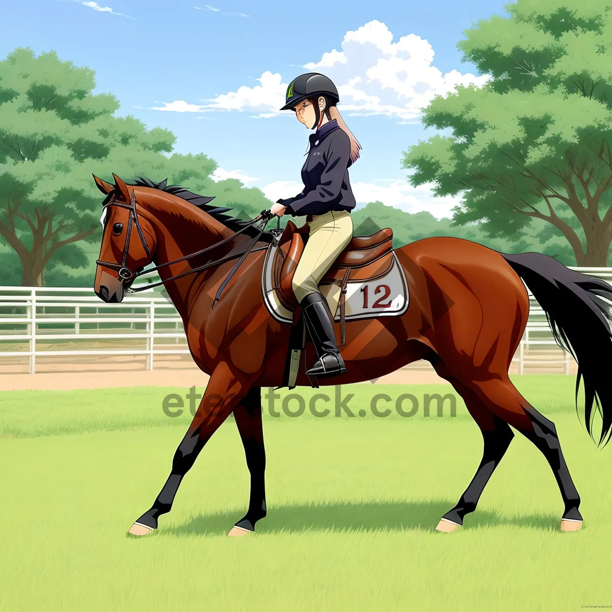 Picture of Majestic stallion with polo mallet in farm field