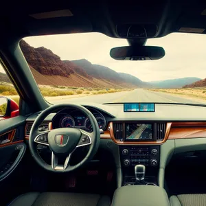 Modern car cockpit with steering wheel and controls