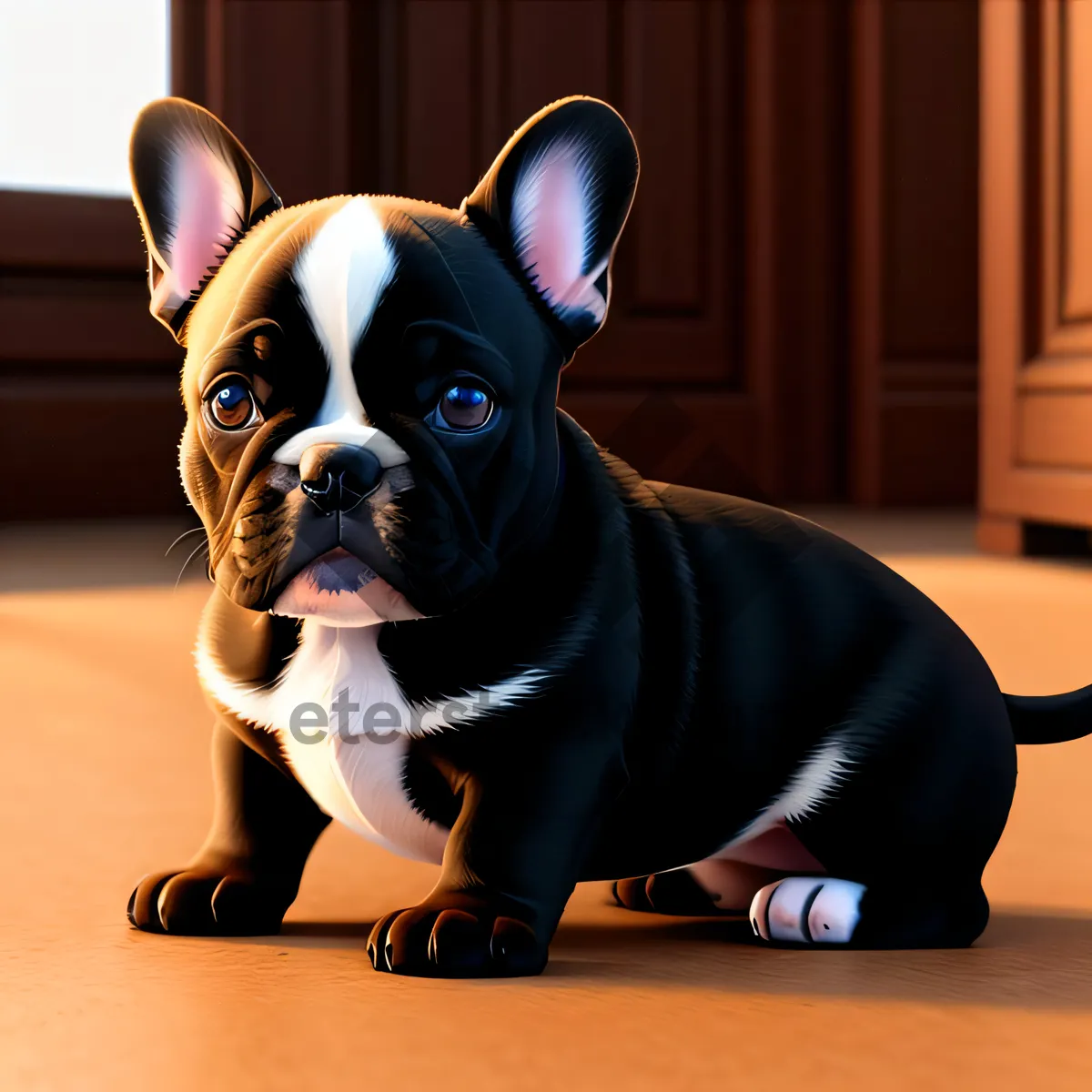 Picture of Cute Bulldog Puppy Sitting with Wrinkled Muzzle