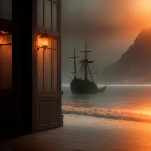 Sailing into golden horizons: Vintage pirate ship