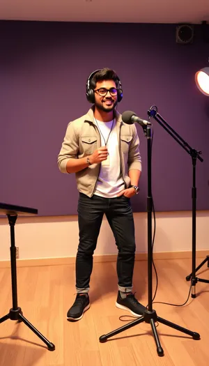 Male DJ posing with microphone in stylish studio portrait