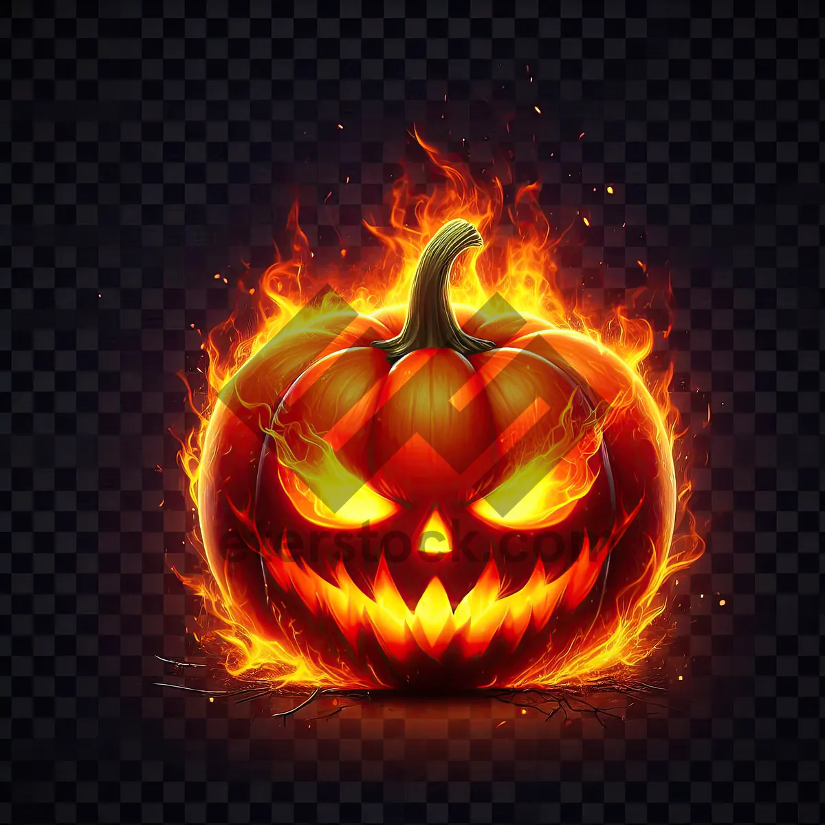 Picture of Bright orange pumpkin with carved sinister face, lit from inside by fire, creates burning jack-o'-lantern effect on transparent background, png format. AI, Generation, Illustration