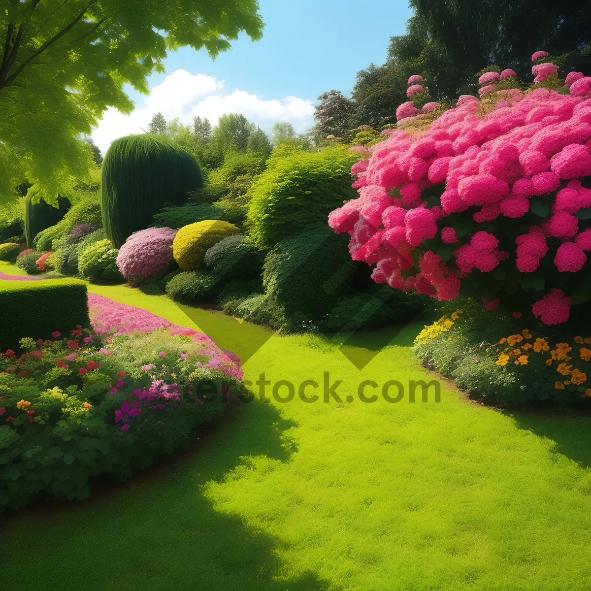 Picture of Vibrant Pink Hydrangea Blooms in Lush Garden Setting