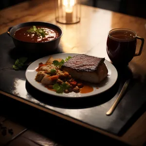 Delicious Gourmet Grilled Steak with Fresh Vegetables and Wine