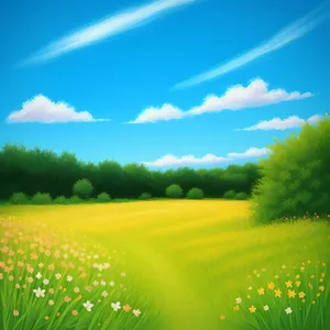 Idyllic Rural Landscape with Colorful Meadow and Clear Sky