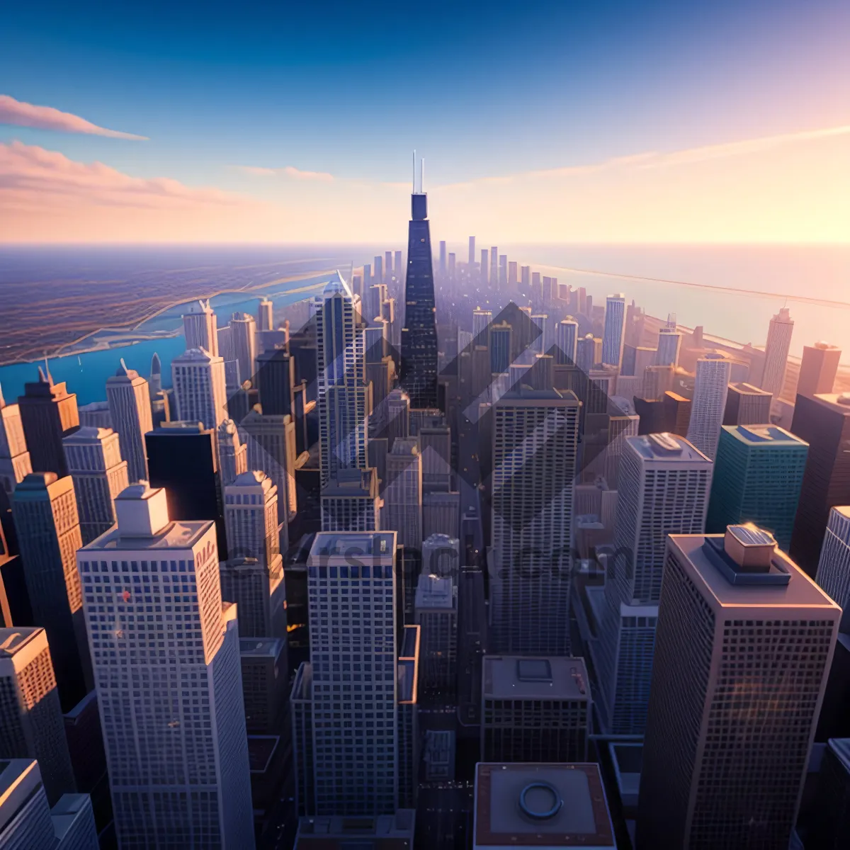 Picture of Downtown Cityscape at Dusk: Urban Skyscrapers on Riverbank