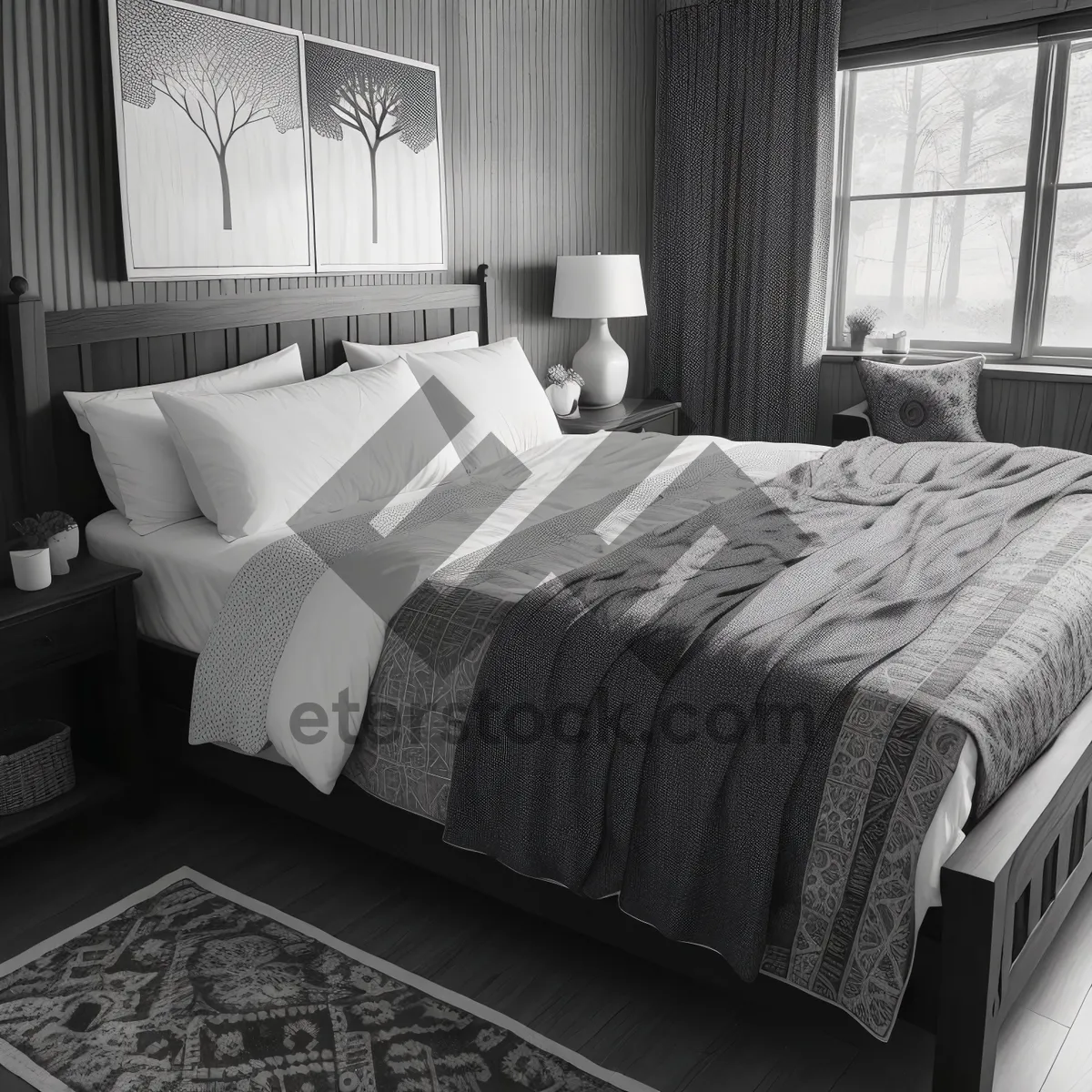 Picture of Cozy Modern Bedroom with Comfortable Quilt and Lamp