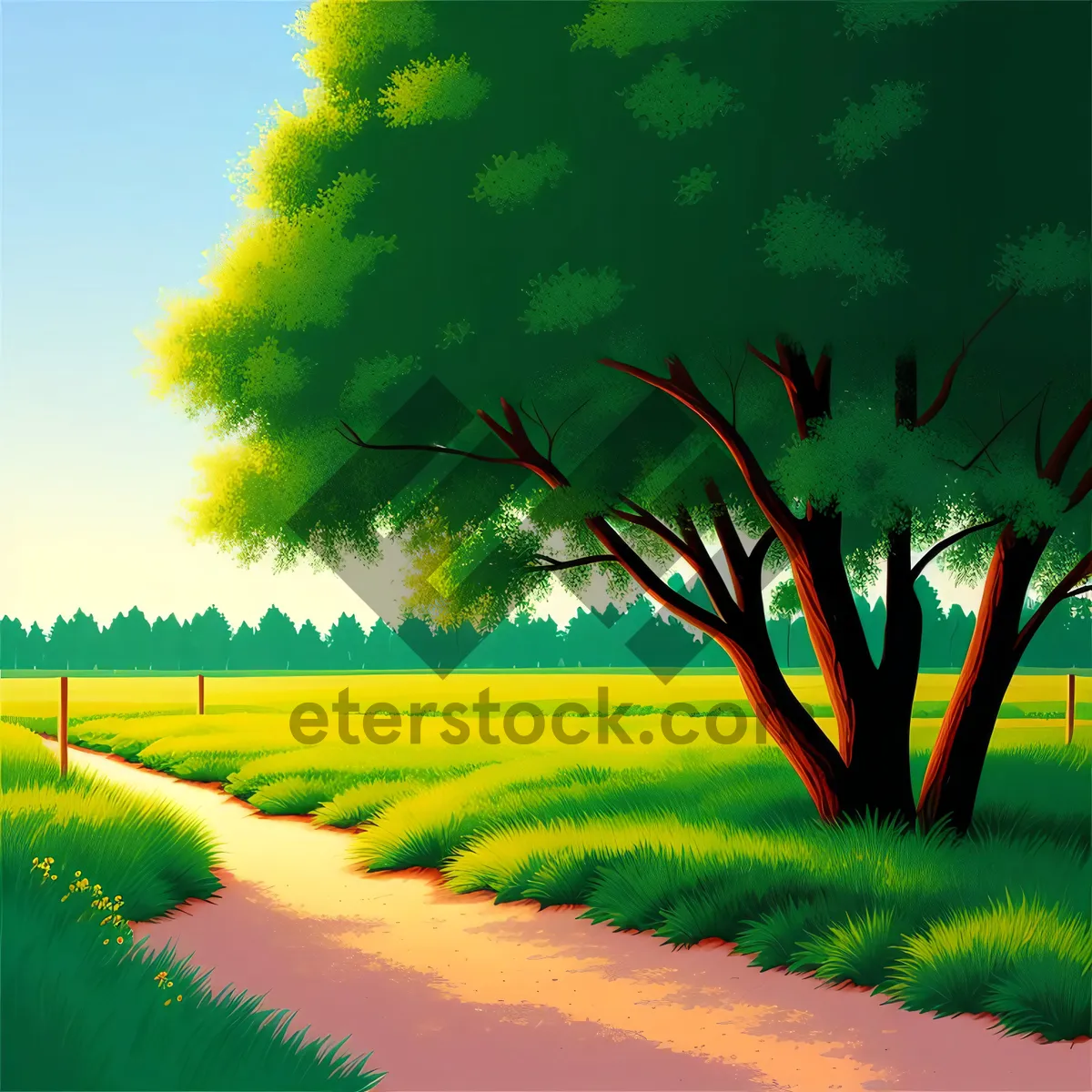 Picture of Serene Sunrise over Lush Meadow and Clear Sky