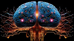 Science fiction concept of ai. Artificial brain as the most important element of the artificial intelligence system. Electronic chips and memory elements are integrated into the brain structure.