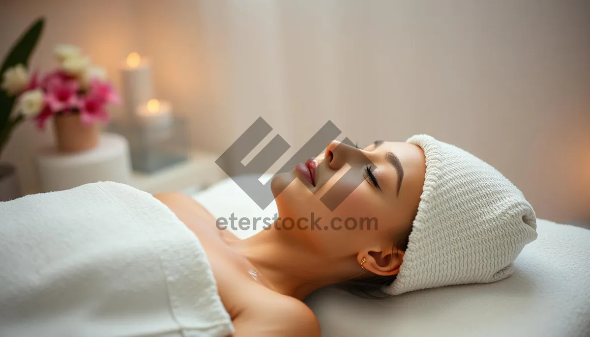 Picture of Attractive brunette woman smiling on bed in bedroom