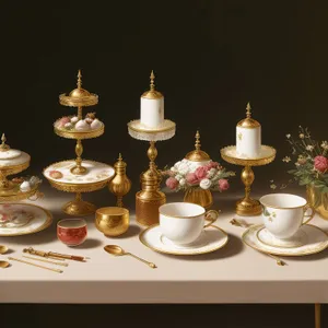 Gold dinner set with perfume bottle