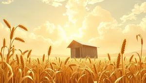 Sunlit rural wheat field under cloudy sky