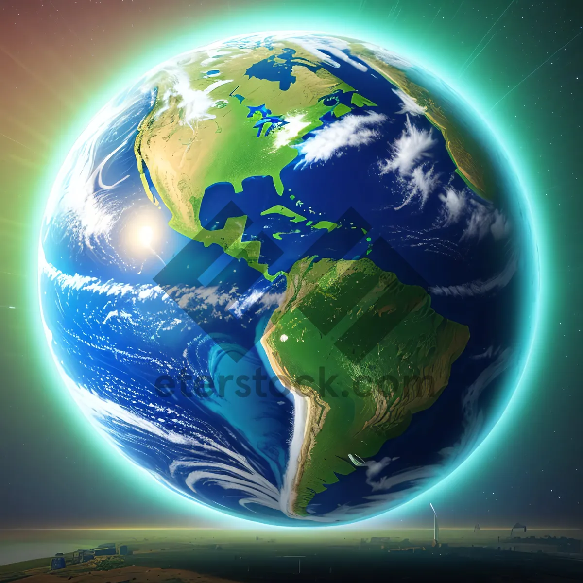 Picture of Glowing Blue Planet in Space GLOBE EARTH MAP