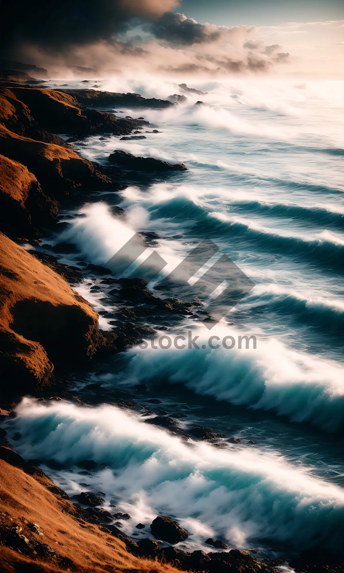 Picture of Tropical Beach Sunset Landscape with Waves and Rocks