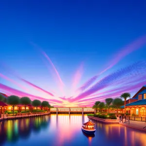 Luminous Marina Skyline: Captivating Waterside Wallpaper in Artistic Design