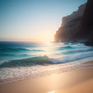 Sunset paradise on cliff with tropical waves.