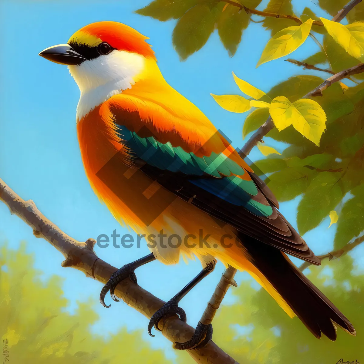 Picture of Colorful Macaw perched on tropical tree branch.