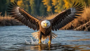 Predator bird with majestic wings flying over water