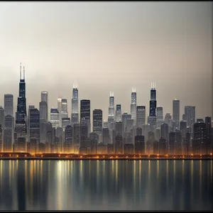 Nighttime Reflections: Urban Skyline by the Water