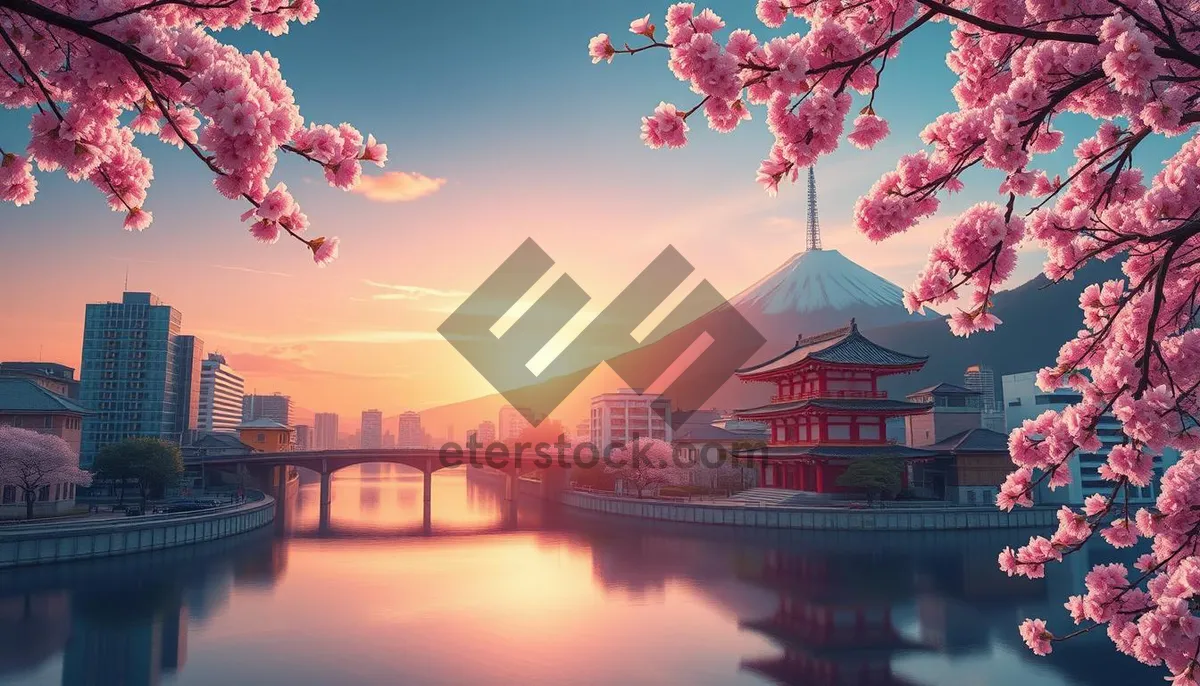 Picture of Cityscape sunset over water in Japan