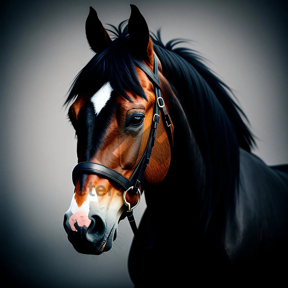 Picture of Majestic Brown Stallion Grazing in Meadow