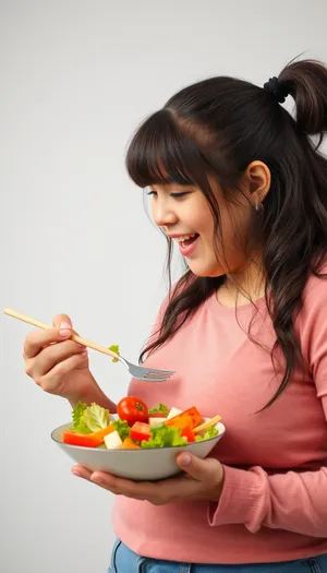 Happy woman preparing and eating healthy salad at home