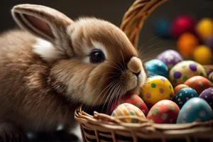 Fluffy bunny in wicker basket with eggs