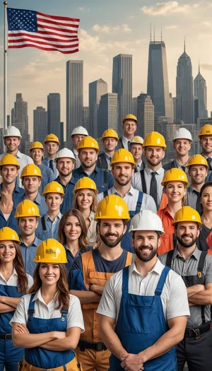 Smiling Construction Workers in Hardhats at Job Site